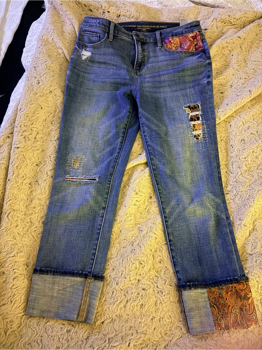 Chico's Blue Distressed Slim Leg Jeans with Paisley Patch Accents